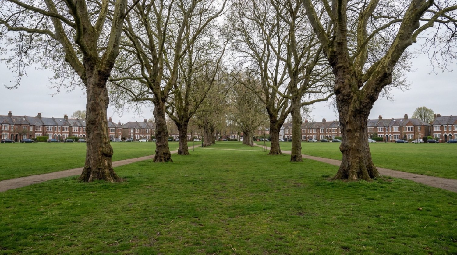 Tree-lined common surrounded by Victorian terraces in west London