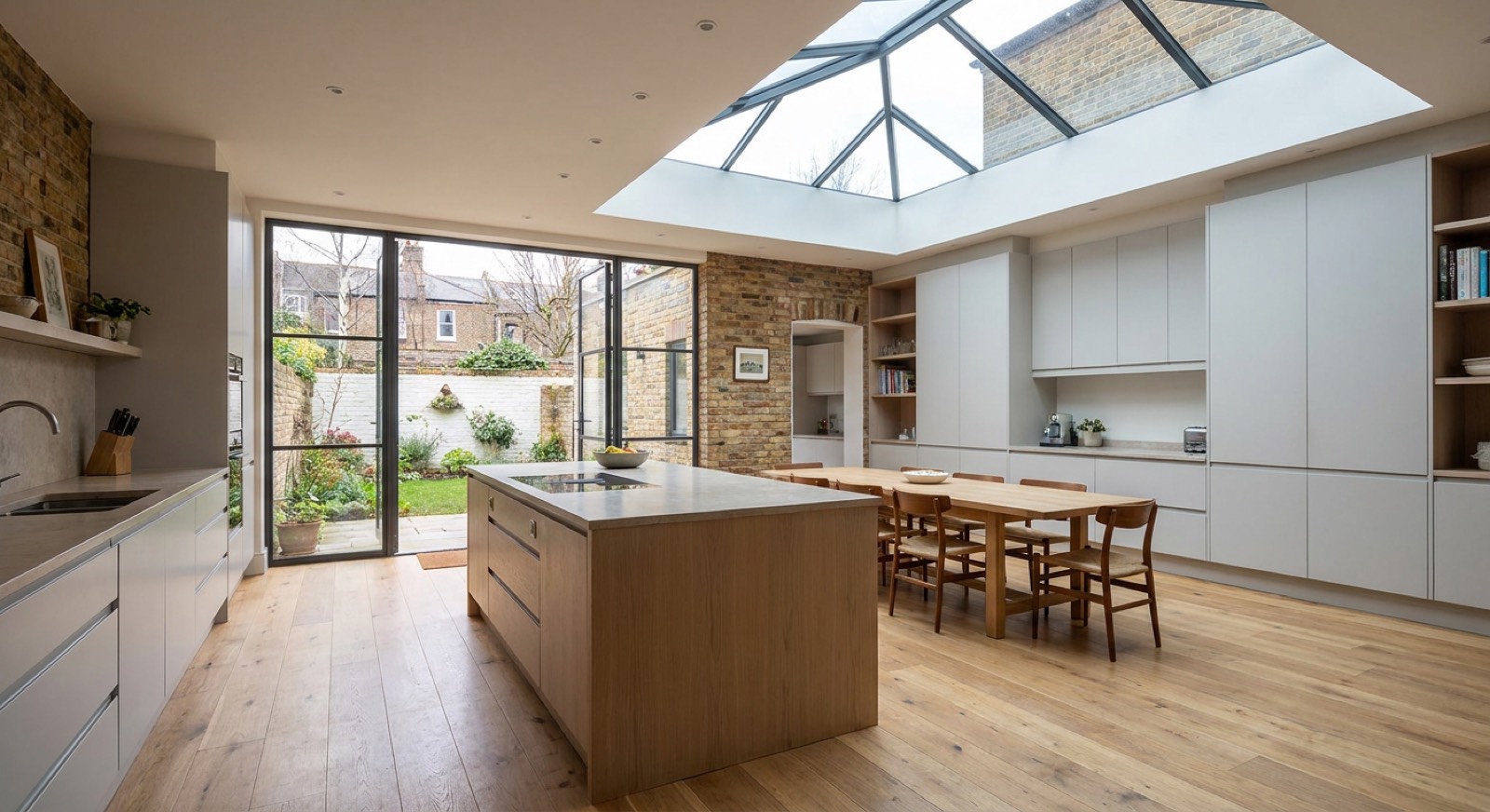 Open-plan kitchen in a completed side return extension with a glazed roof lantern