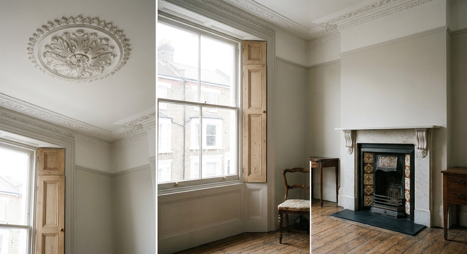 Restored Victorian plaster cornice and ceiling rose in a London reception room